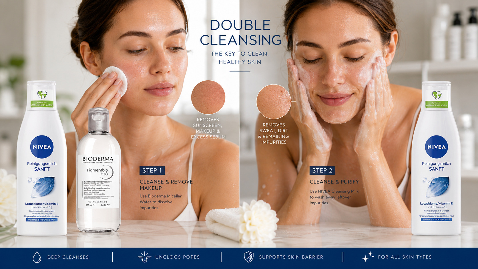 Dvoukrokové čištění pleti metodou double cleansing pro důkladné odstranění nečistot